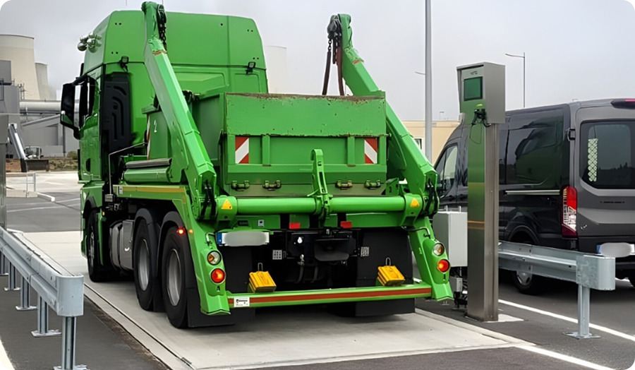 Peripherie einer Fahrzeugwaage mit Terminal und Schranke